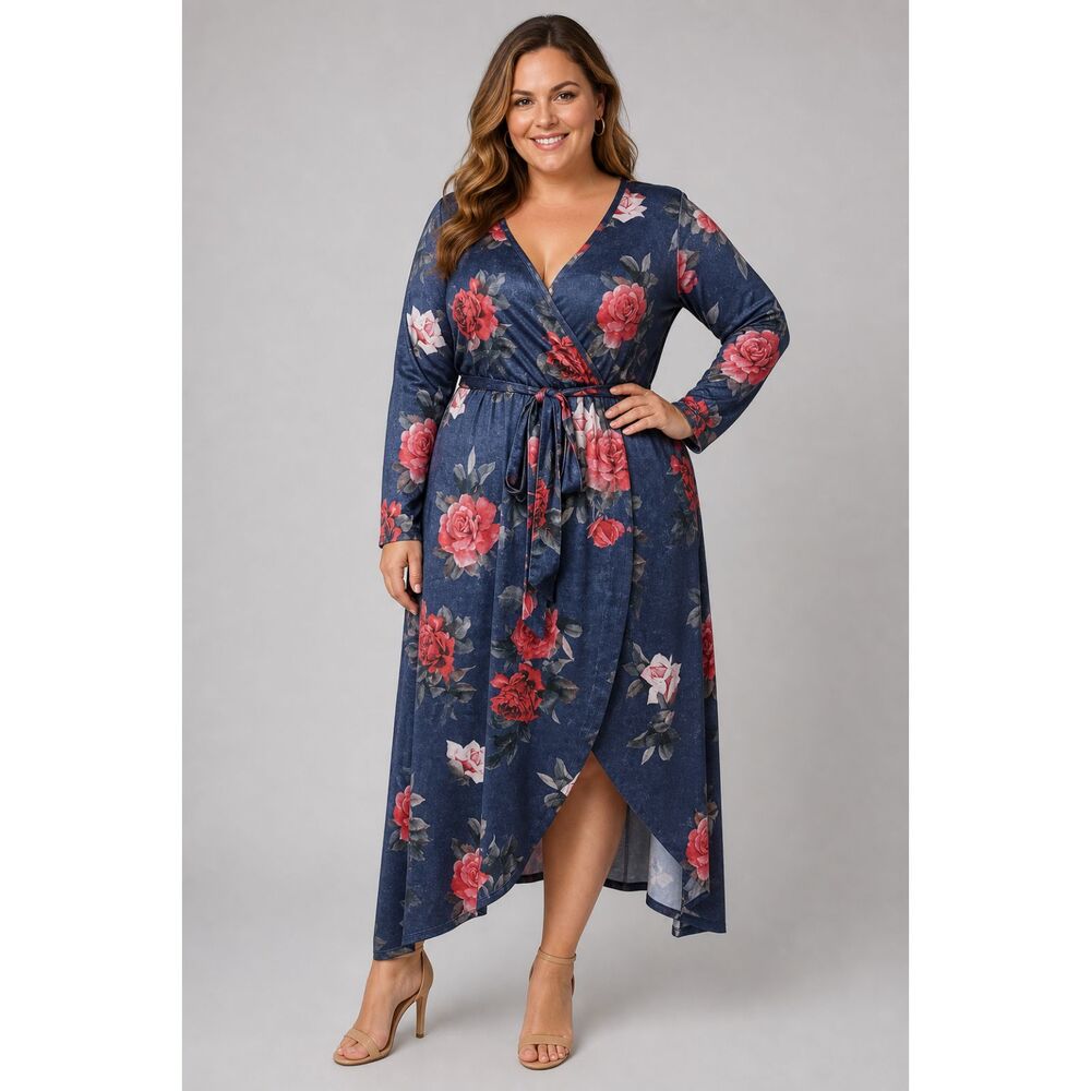 SHEIN Curve Women's Plus 0XL Stretch Blue Floral Wrap Dress Long Sleeve High Low